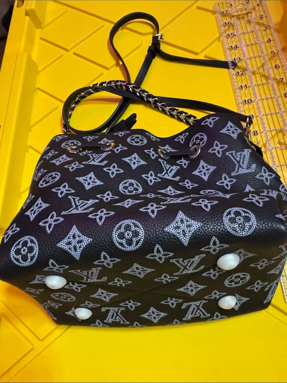 Black Monogram Mini Drawstring Bucket Bag with Silver Chain